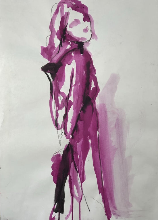 ink painting of a woman looking back painted in pink on a grey and white background