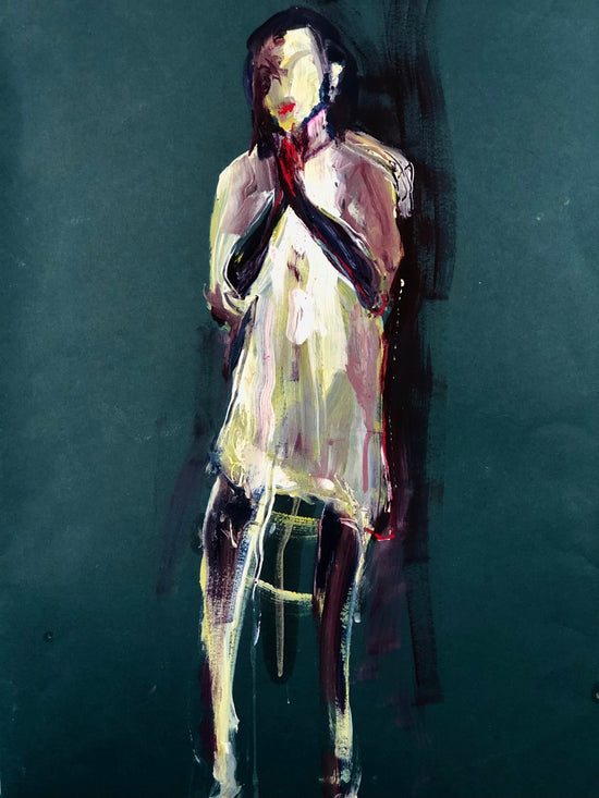 loosely painted abstract possibly female figure in variety of colours set against a green background
