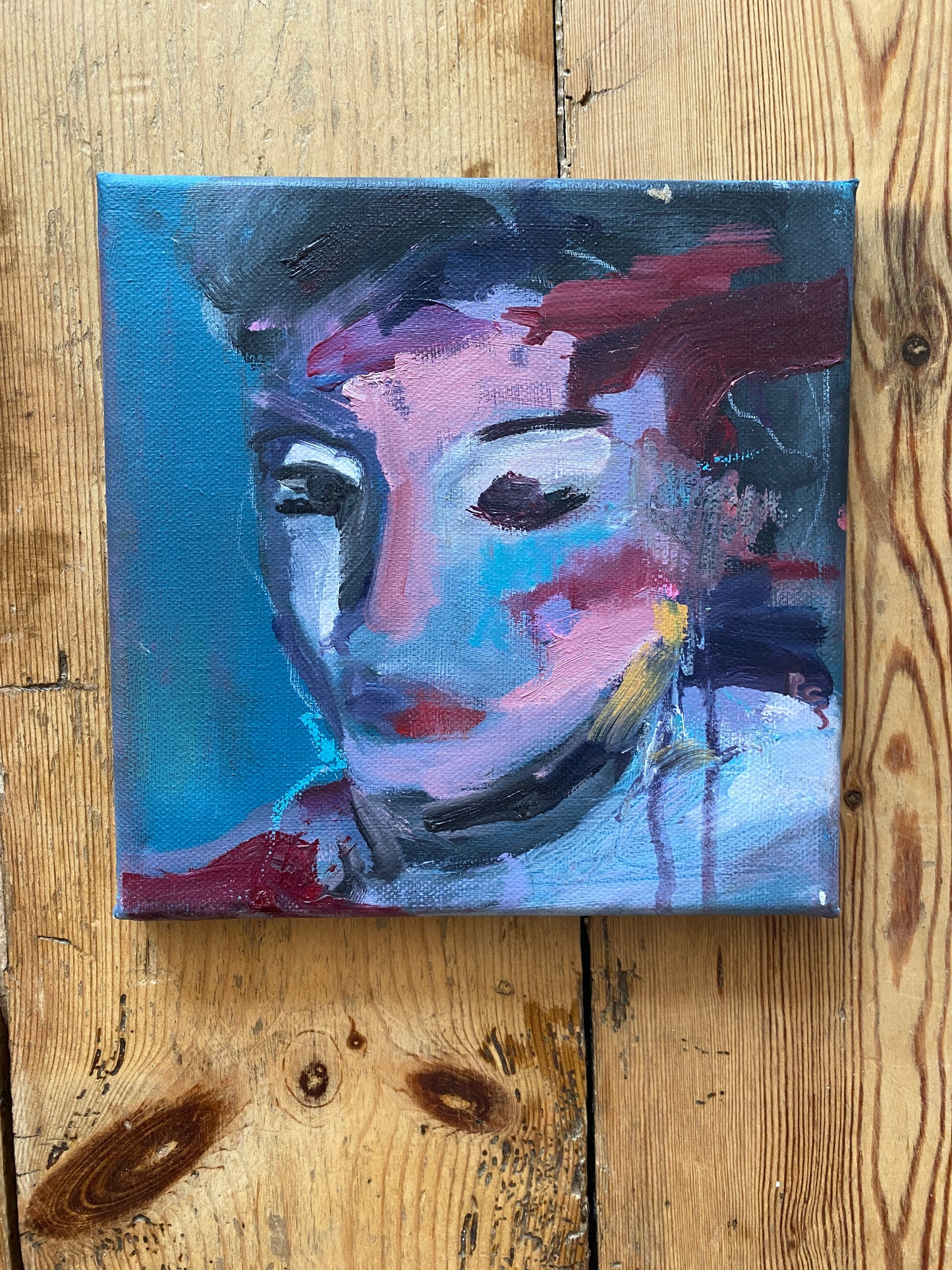 'turquoise cheek' oil and mixed media original
