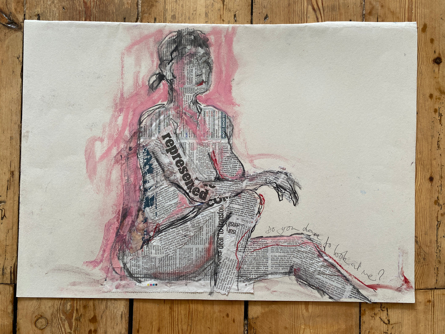 'do you dare to look at me?' mixed media drawing on paper with mount