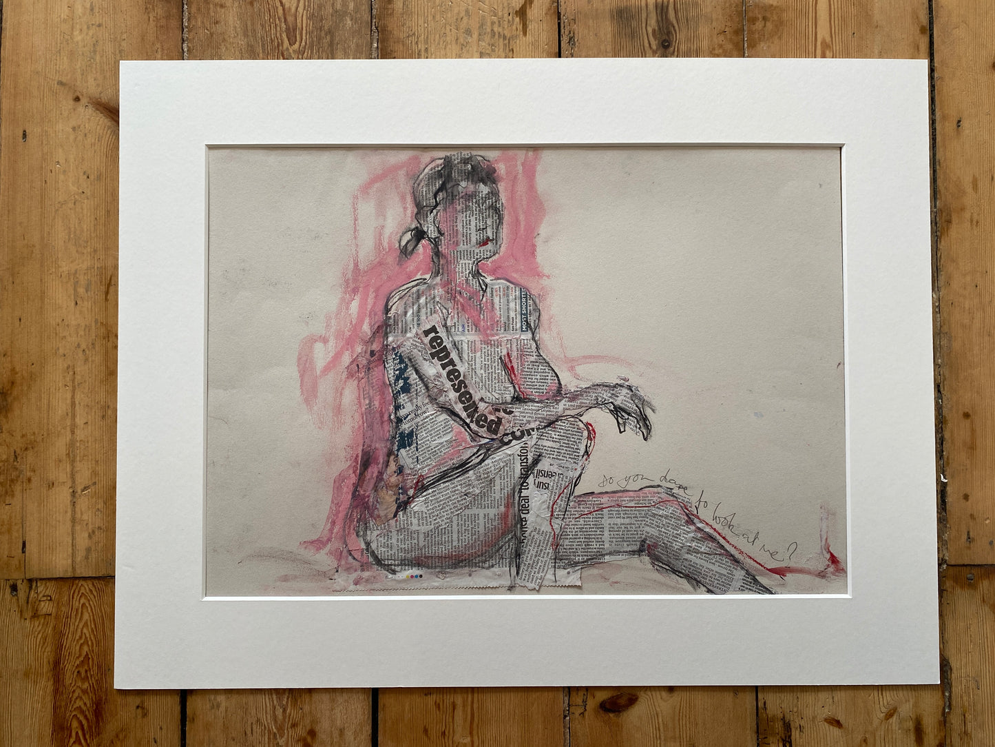 'do you dare to look at me?' mixed media drawing on paper with mount