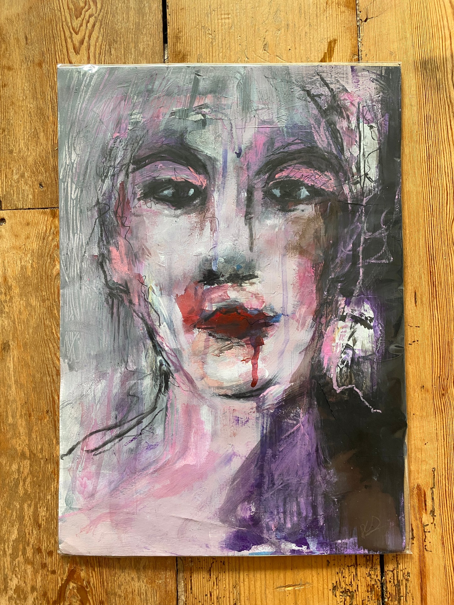 red drip original mixed media painting