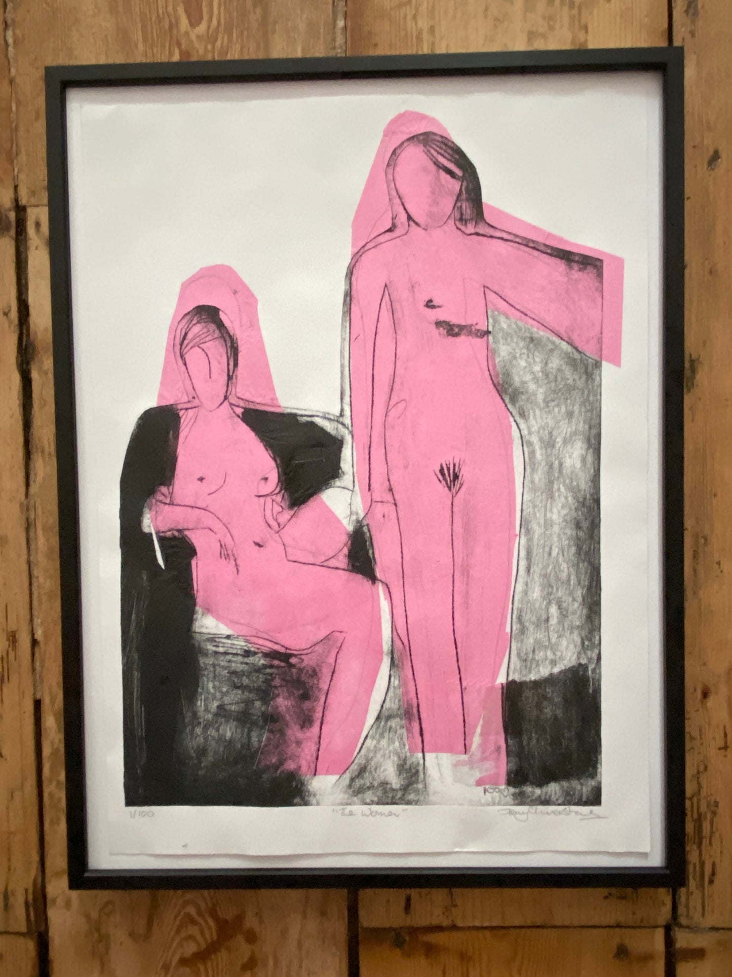 'the women' drypoint print with chine colle original in aluminium frame