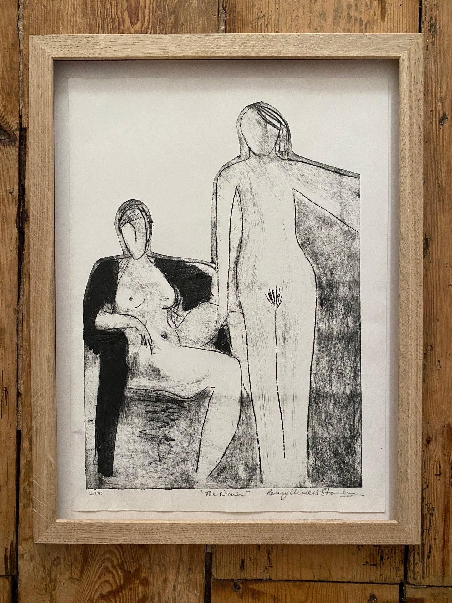'the women' drypoint print original in oak frame